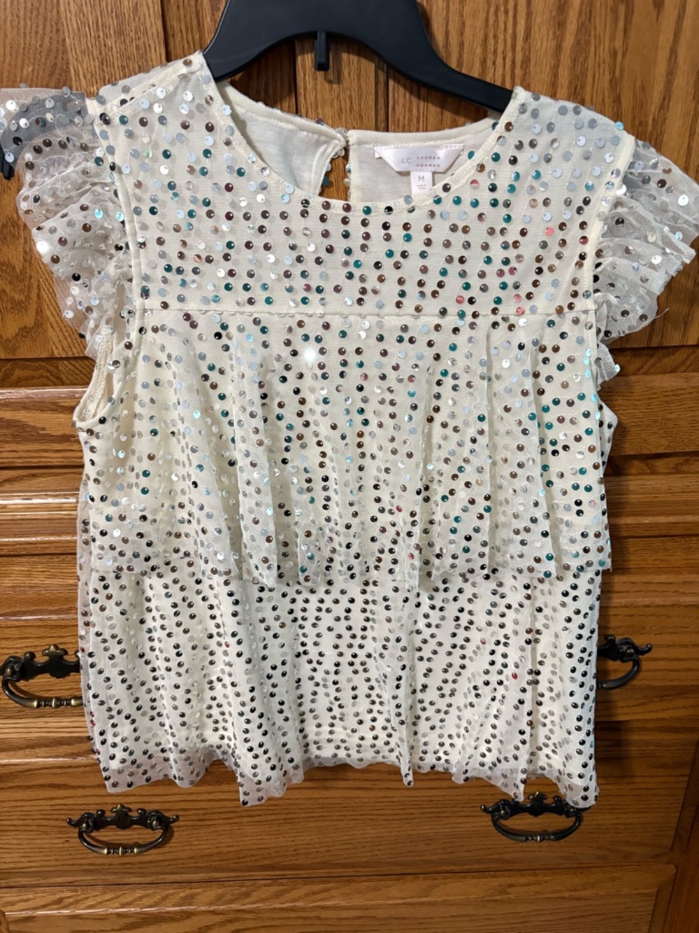 LC Lauren Conrad Ivory Sequin Ruffle Sleeve Top